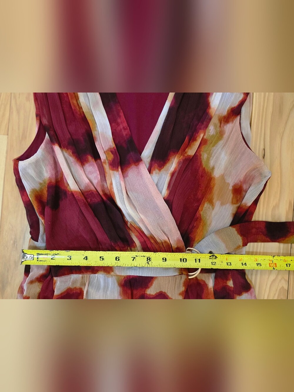 Taylor Sleeveless V-Neck Tie-Detailed Dress in Burgundy & Blush, L - Picture 10 of 16